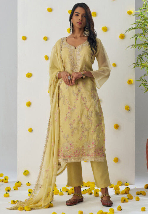 Embroidered Organza Pakistani Suit in Yellow
