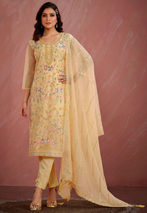 Embroidered Organza Pakistani Suit in Yellow