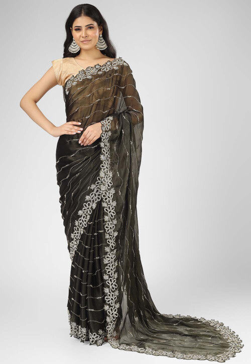 Buy infloura Women's And Girls Black Color Organza Silk Degital Printed And  Hand Work Saree With Border Cut Work Bollywood Style at Amazon.in