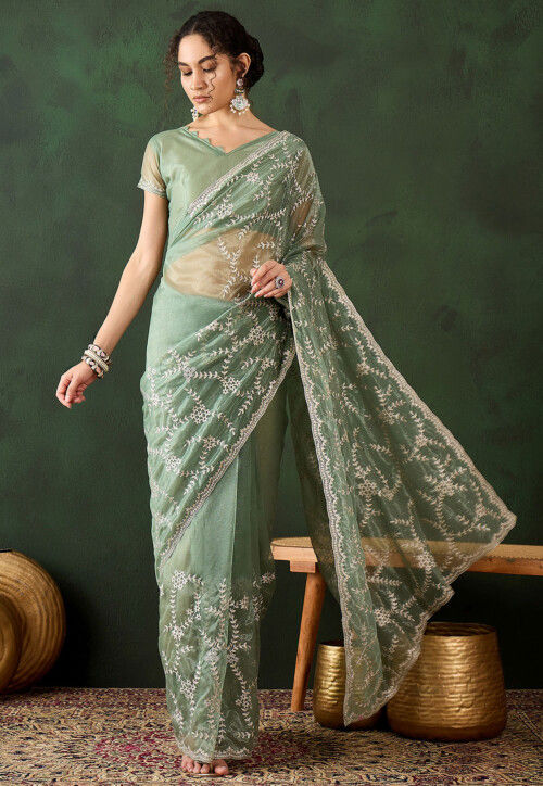 Buy Embroidered Organza Saree in Dusty Green Online SSKT823