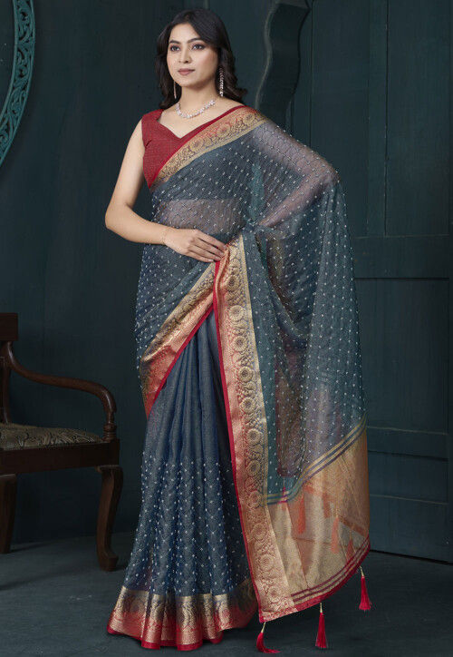 Embroidered Organza Saree in Grey