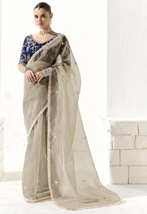 Embroidered Organza Saree in Grey