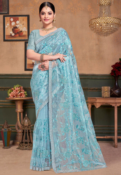 Embroidered Organza Saree in Light Blue