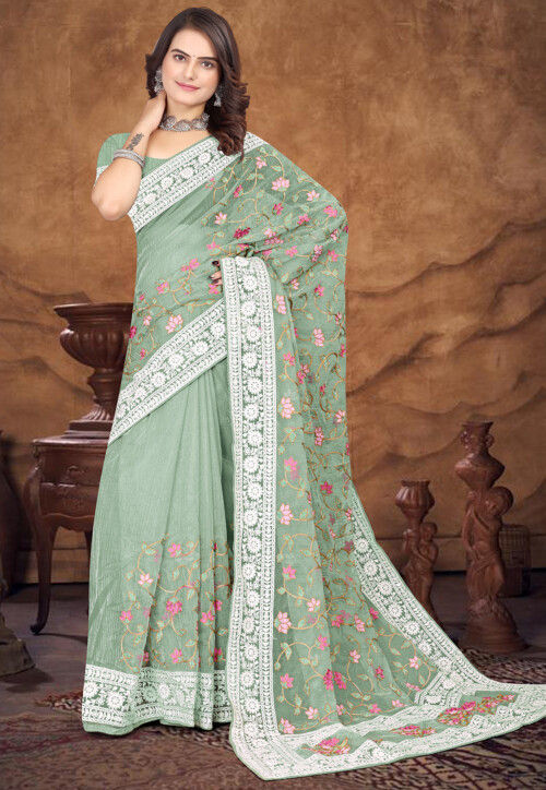 Embroidered Organza Saree in Light Green