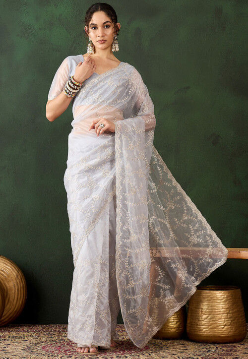 Buy Embroidered Organza Saree in Light Grey Online SSKT825