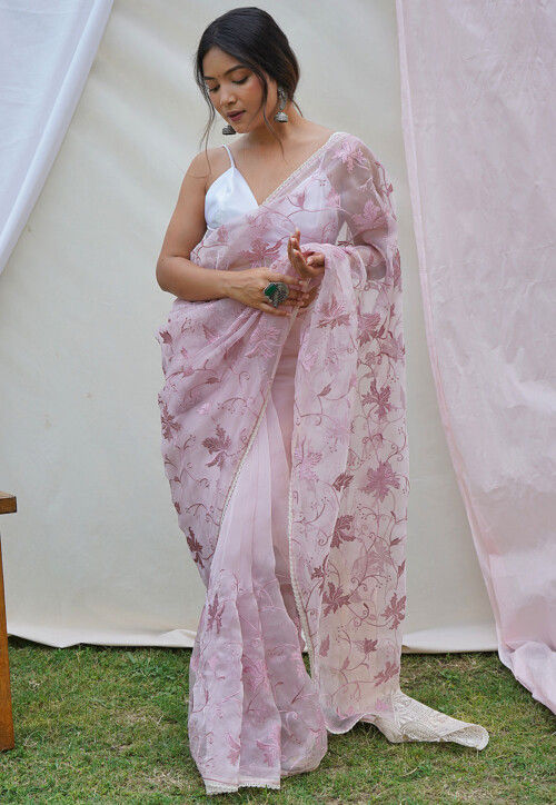 Beautiful Pink & White Floral Zari Organza Saree, Ready to Wear Saree,  Designer Saree, Bridal Sari, Party Wear Saree - Etsy