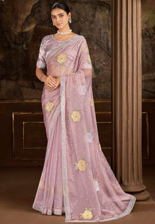 Embroidered Organza Saree in Light Pink