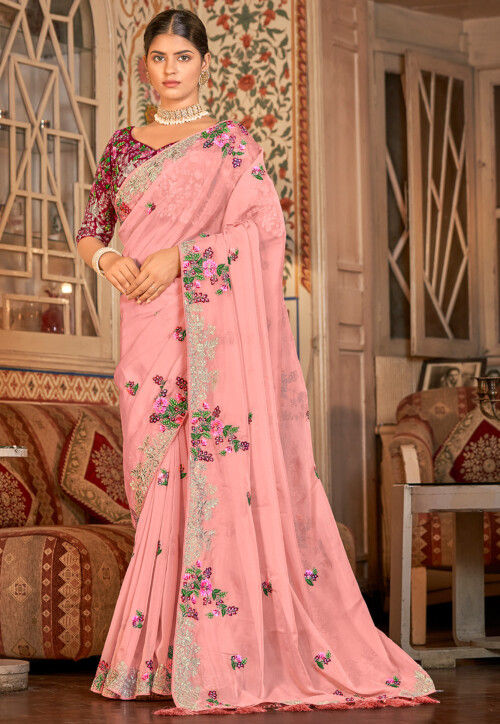 Zoon - Pink Saree 100% Silk Organza Embroidery Placement With Blouse For  Women