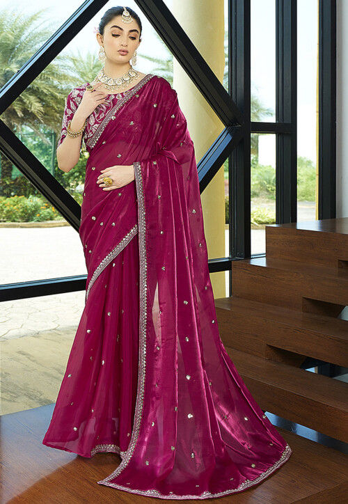 Embroidered Organza Saree in Magenta