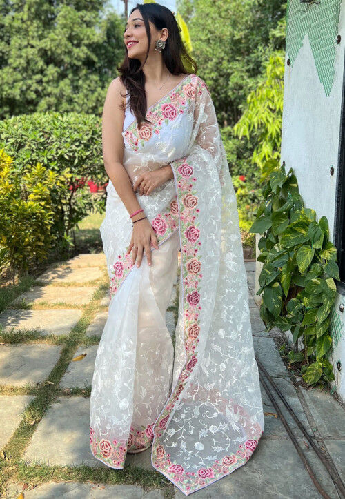 White Organza Saree with Silver Zari Borders and Gotta work-FOF001WOS –  www.soosi.co.in