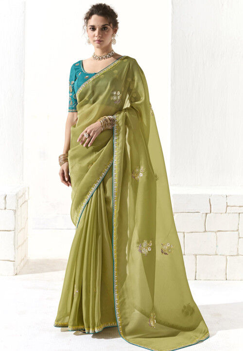Embroidered Organza Saree in Olive Green