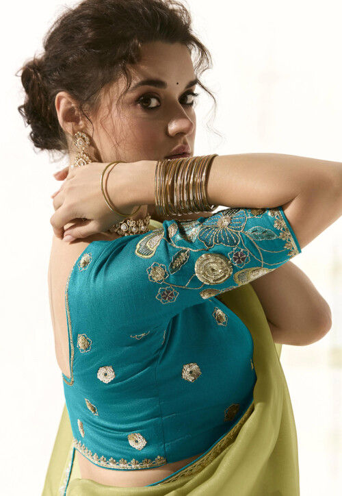 Embroidered Organza Saree in Olive Green