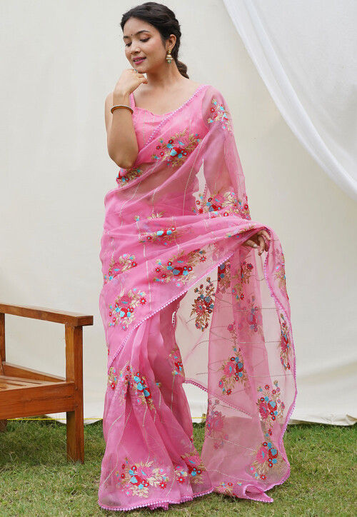 Buy zeelvani Floral Print Bollywood Organza Pink Sarees Online @ Best Price  In India | Flipkart.com