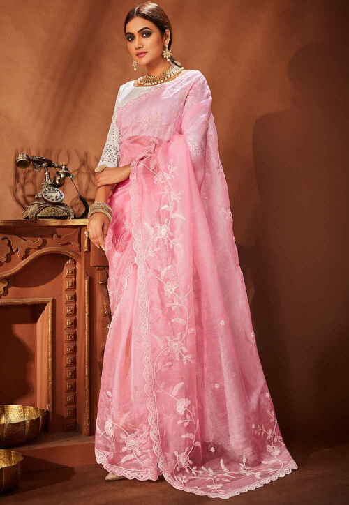 Banarasi Organza Saree With Zari Weaving & Contrast Skirt Border-Pink –  Banarasikargha