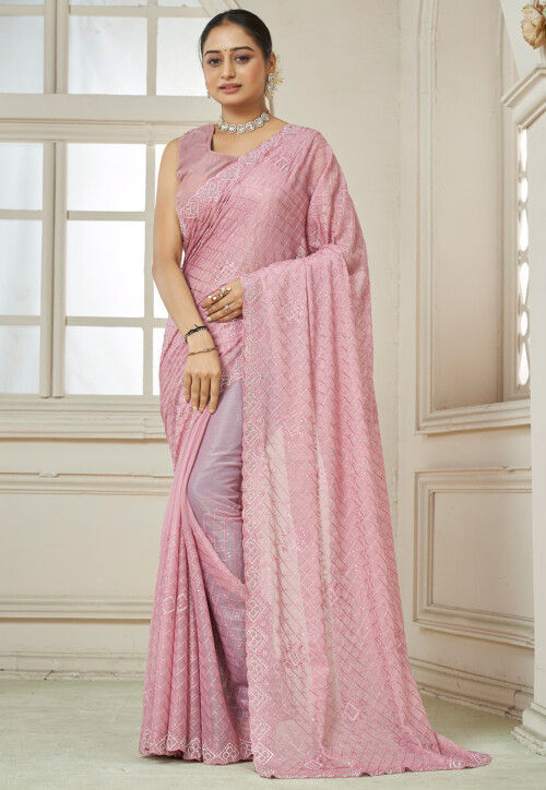 Embroidered Organza Saree in Pink