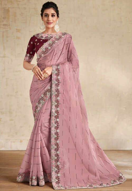 Shop Stunning Powder Pink Hand Printed Organza Sari Online in USA – Pure  Elegance