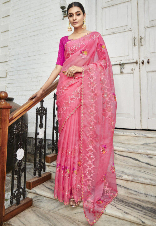 Embroidered Organza Saree in Pink : SYC11791