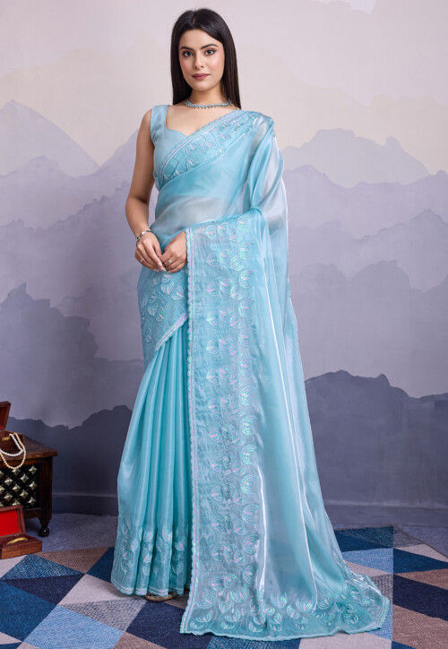 Buy Embroidered Organza Saree in Sky Blue Online SPF12508