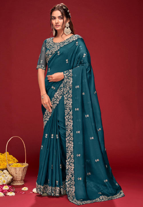 Embroidered Organza Saree in Teal Blue