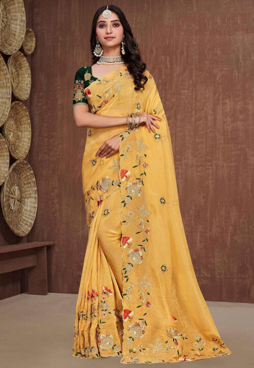 Yellow Organza Saree With Floral Embroidery 4358SR09