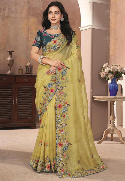 Embroidered Organza Saree in Yellow