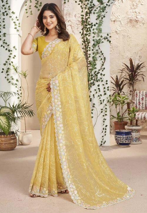 Embroidered Organza Saree in Yellow