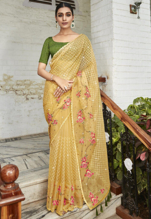 Buy Golden Organza Saree for Women Online from India's Luxury Designers 2024