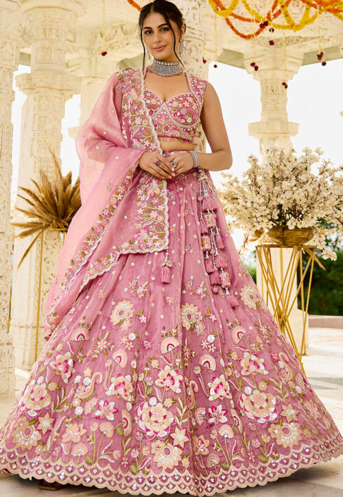Embroidered Organza Scalloped Lehenga in Pink