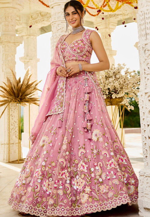 Embroidered Organza Scalloped Lehenga in Pink