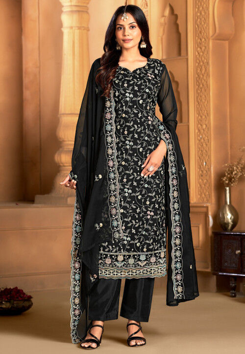 Embroidered Organza Scalloped Pakistani Suit in Black