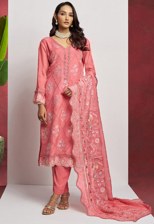 Embroidered Organza Scalloped Pakistani Suit in Peach