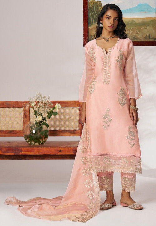 Embroidered Organza Scalloped Pakistani Suit in Pink