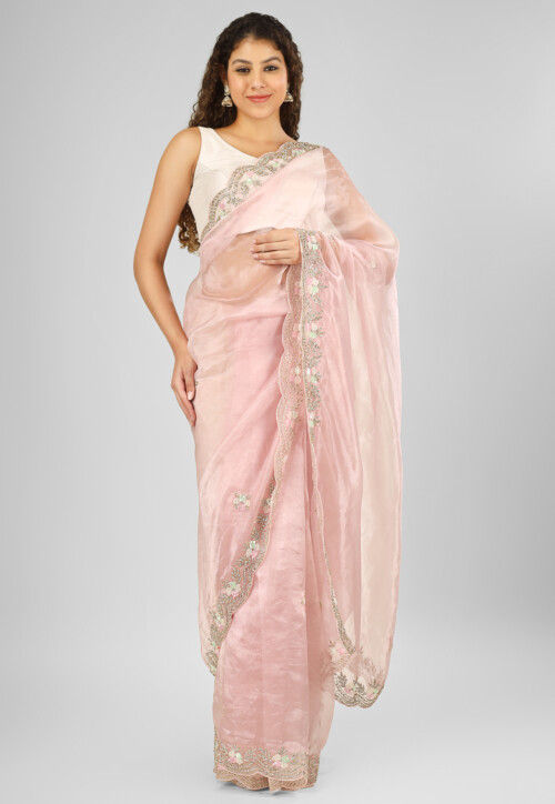 Embroidered Organza Scalloped Saree in Baby Pink