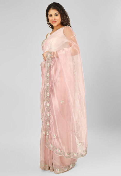 Embroidered Organza Scalloped Saree in Baby Pink