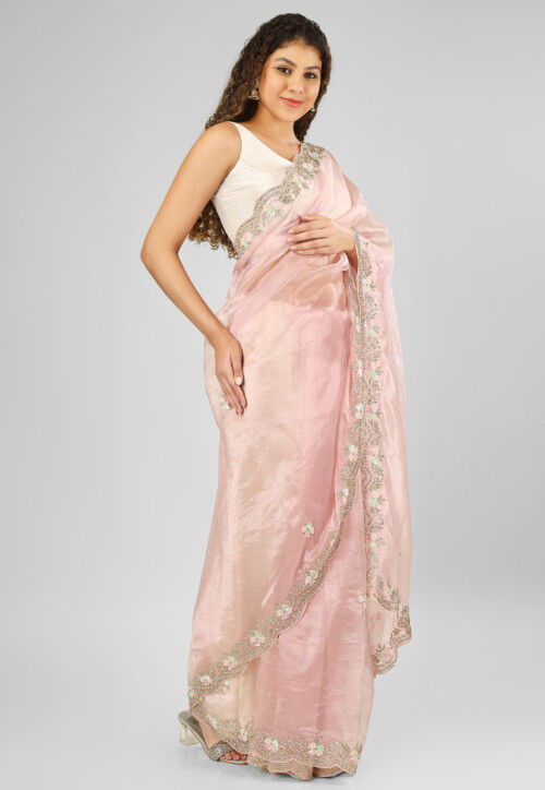 Embroidered Organza Scalloped Saree in Baby Pink