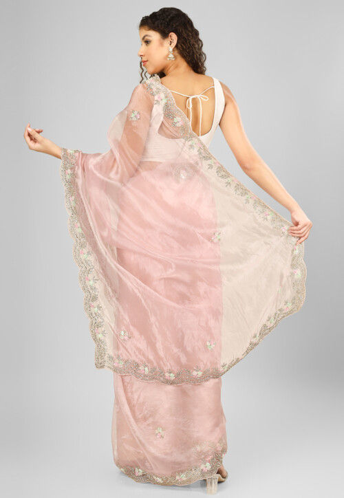 Embroidered Organza Scalloped Saree in Baby Pink