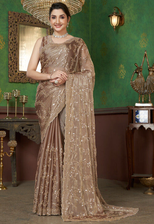Embroidered Organza Scalloped Saree in Brown