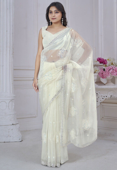 Embroidered Organza Scalloped Saree in Cream