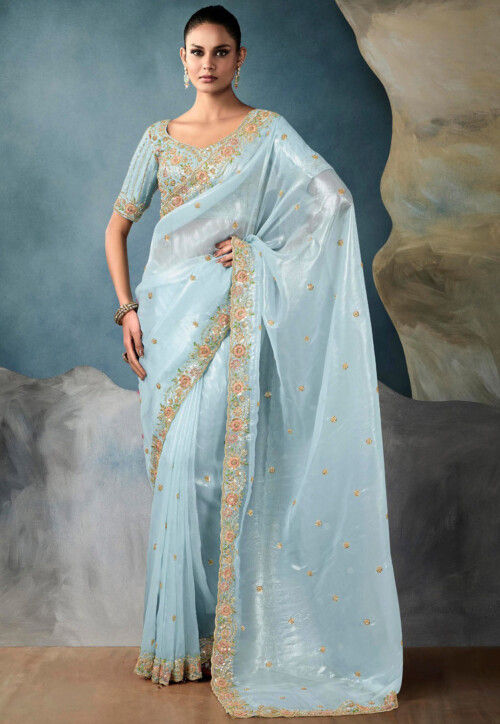Embroidered Organza Scalloped Saree in Light Blue