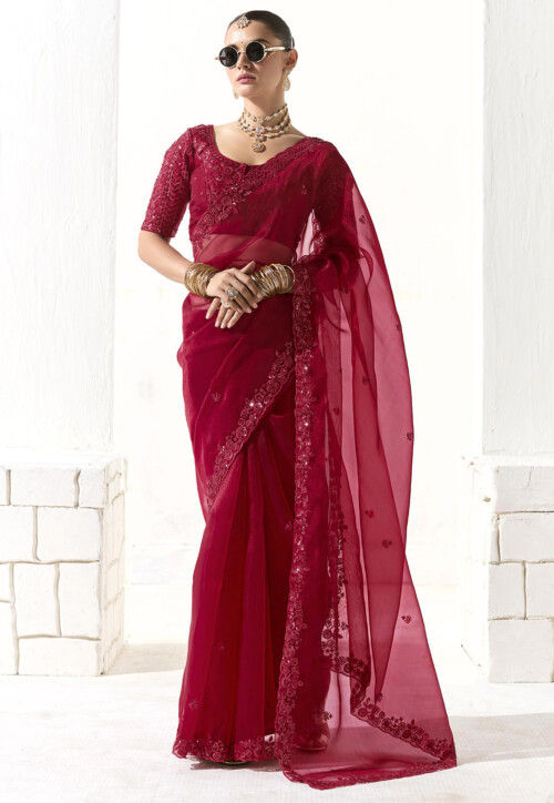 Embroidered Organza Scalloped Saree in Maroon