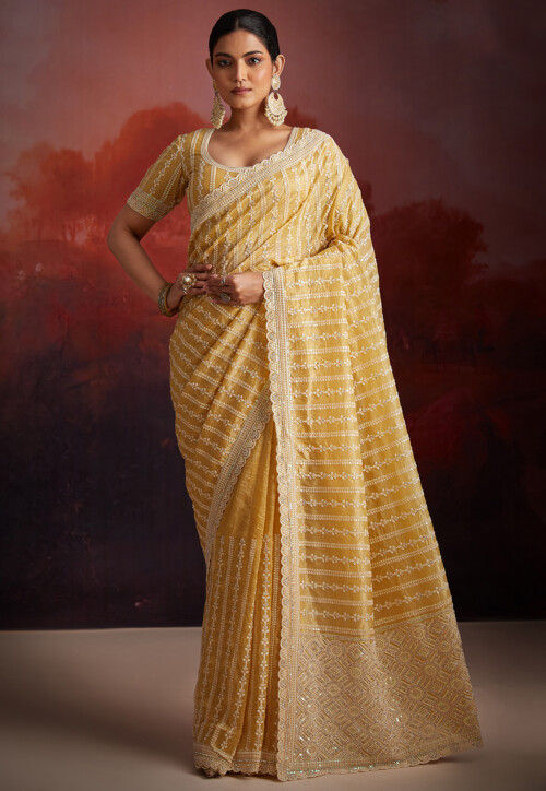 Embroidered Organza Scalloped Saree in Mustard