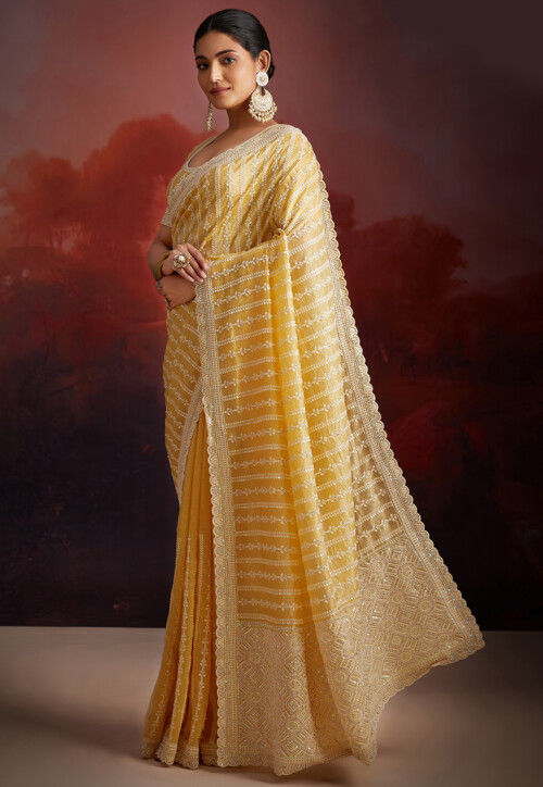 Embroidered Organza Scalloped Saree in Mustard