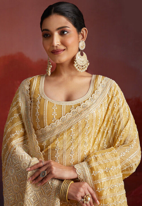 Embroidered Organza Scalloped Saree in Mustard