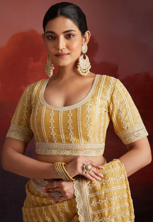 Embroidered Organza Scalloped Saree in Mustard