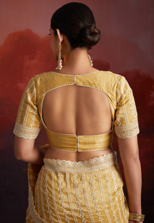 Embroidered Organza Scalloped Saree in Mustard