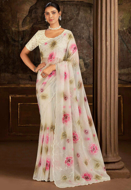Embroidered Organza Scalloped Saree in Off White