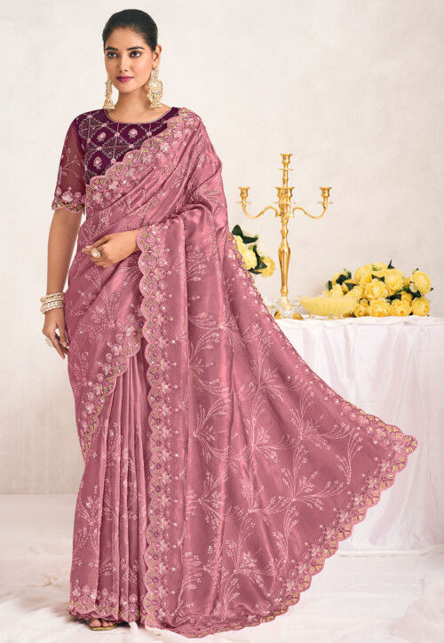 Embroidered Organza Scalloped Saree in Pink