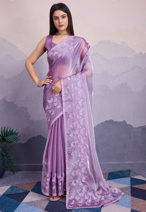 Embroidered Organza Scalloped Saree in Purple