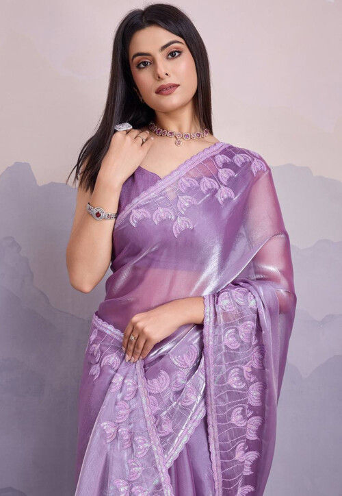 Embroidered Organza Scalloped Saree in Purple