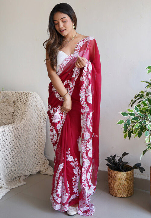 Embroidered Organza Scalloped Saree in Red